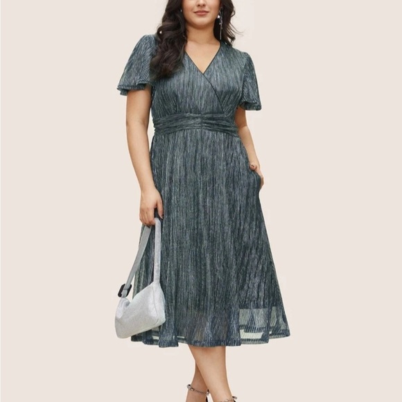 BloomChic Dresses & Skirts - Bloomchic Cerulean Glitter Mesh Lined Surplice Neck Ruffle Pocket Dress 14-16